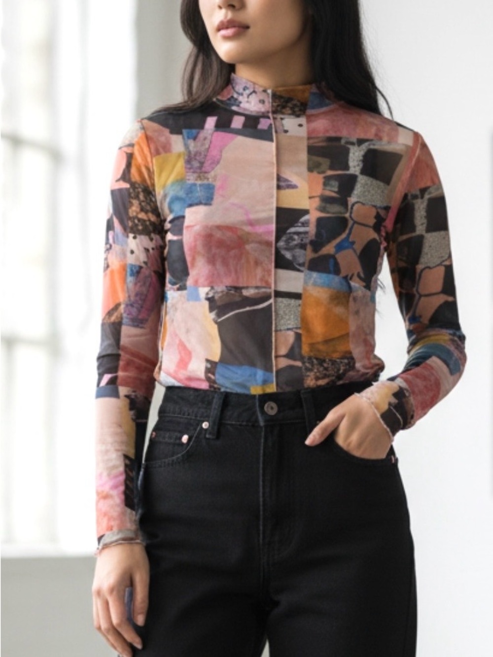 New Saemdi Collage Mesh Top, High Neck, Partially Lined, Art-to-Wear - Small
